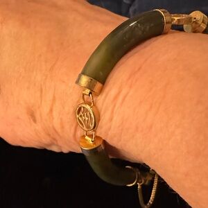Elegant Vintage Nephrite Jade (?) Gold Plated Bracelet with Chinese Characters
